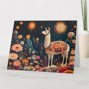 Whimsical Llama in a Starry Floral Landscape Card