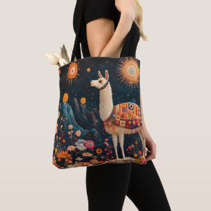 Whimsical Llama in a Starry Floral Landscape Tote Bag