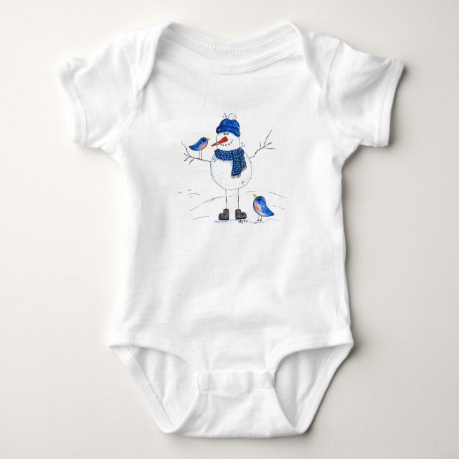Whimsical Long-Legged Snowman Baby Bodysuit (Front)