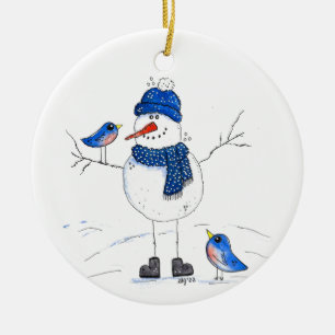 Whimsical Long-Legged Snowman Ceramic Ornament