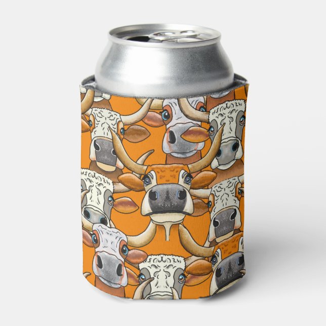 Whimsical Longhorn Cattle Portraits In Repeat Can Cooler (Can Front)