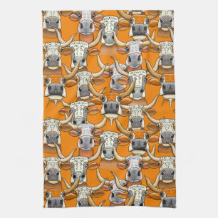 Whimsical Longhorn Cattle Portraits Kitchen Towel