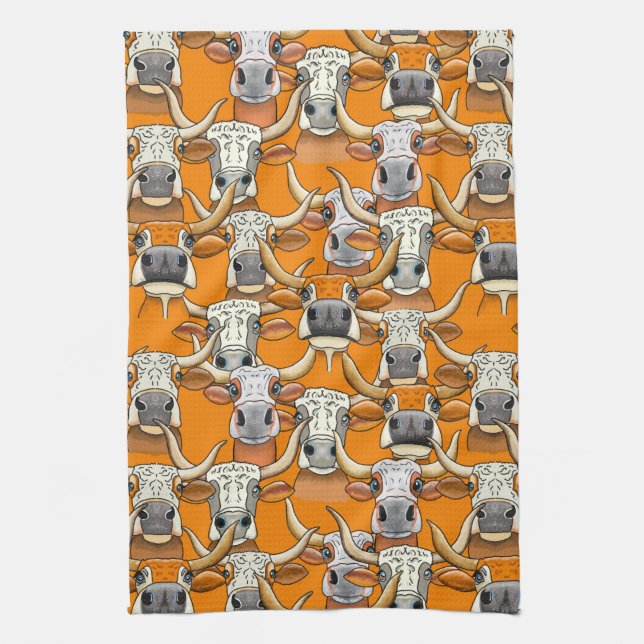 Whimsical Longhorn Cattle Portraits Kitchen Towel (Vertical)