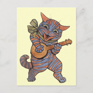 Whimsical Louis Wain "Cat with Lute" Vintage Art Postcard