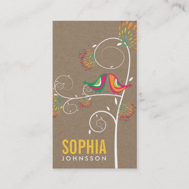 Whimsical Love Birds Floral Boutique Identity Business Card (Front)