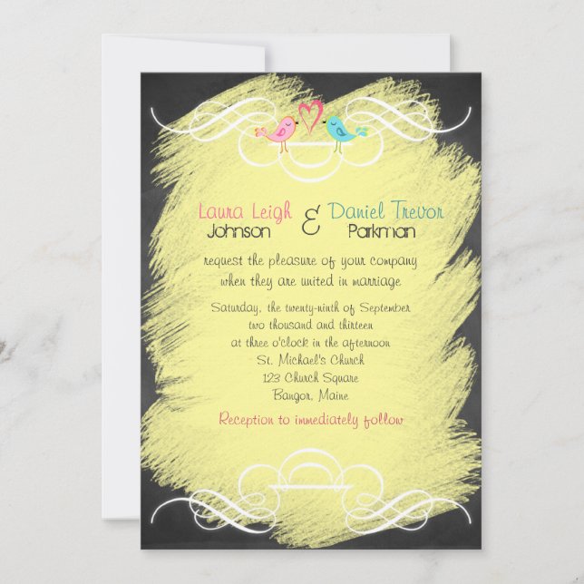 Whimsical Love Birds on Chalkboard Wedding Invite (Front)