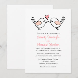 Whimsical Love Birds Pink White Lovebirds Wedding Invitation