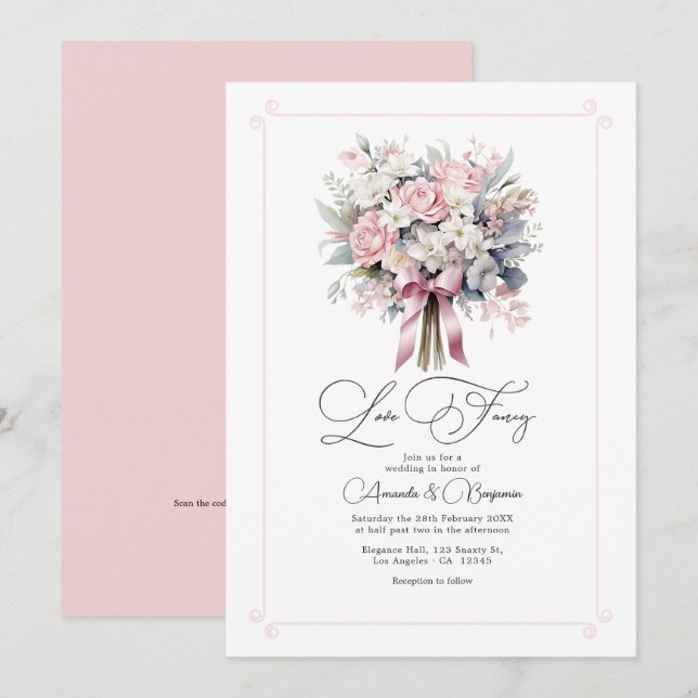 Whimsical Love Fancy Pastel Floral Wedding QR Code Invitation (Front/Back)