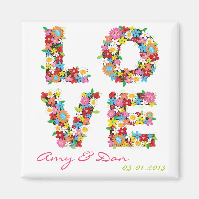 Whimsical LOVE Spring Flowers Bloom Save The Date Magnet (Front)