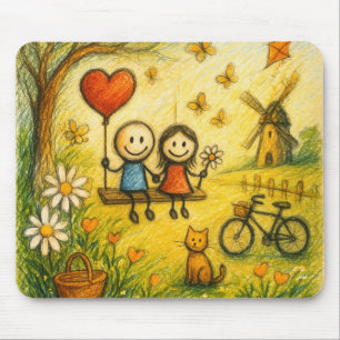 Whimsical Love Swing Garden Mouse Pad