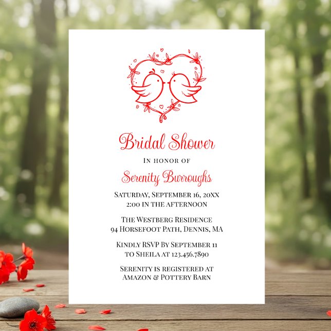 Whimsical Lovebirds Boho Red Heart Bridal Shower Invitation (Creator Uploaded)