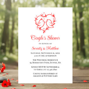 Whimsical Lovebirds Boho Red Heart Bridal Shower Invitation