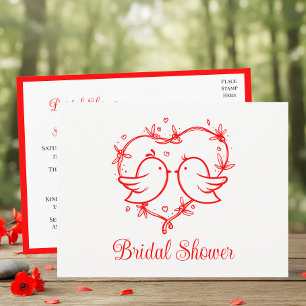Whimsical Lovebirds Boho Red Heart Bridal Shower Invitation Postcard