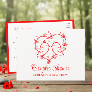 Whimsical Lovebirds Boho Red Heart Couples Shower Invitation Postcard