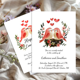 Whimsical Lovebirds Pink Hearts Wedding | Invitation