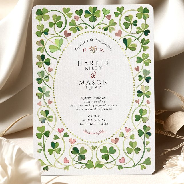 Whimsical Lucky Clover & Hearts Watercolor Wedding Invitation (Creator Uploaded)