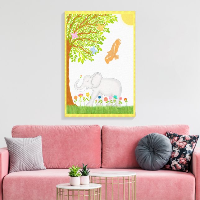 Whimsical Lucky Elephant Nursery Scene Design Canvas Print (Insitu(LivingRoom))