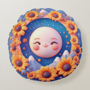 Whimsical Lunar Scene Surrounded by Sunflowers Round Pillow