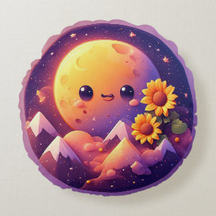 Whimsical Lunar Scene Surrounded by Sunflowers Round Pillow