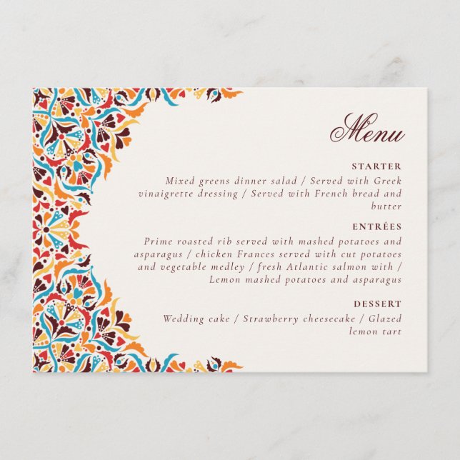 Whimsical Luxury Ivory Floral Style Border Wedding Menu (Front)