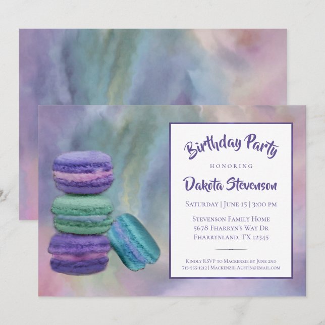 Whimsical Macarons | French Sweets Pastel Birthday Invitation (Front/Back)