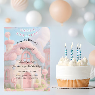 Whimsical Magic House Pink 1st Birthday  Invitation