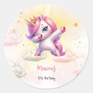 Whimsical magic pink dabbing unicorn kids birthday classic round sticker