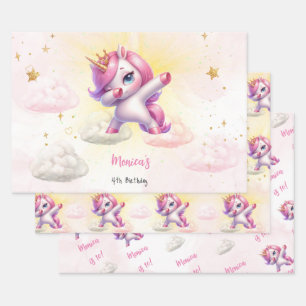 Whimsical magic pink dabbing unicorn kids birthday wrapping paper sheet