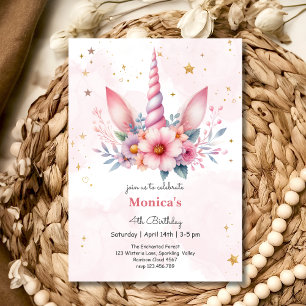 Whimsical magic pink unicorn horn kids birthday invitation