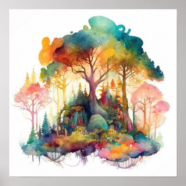 Whimsical Magical Forest Watercolor Poster (Front)