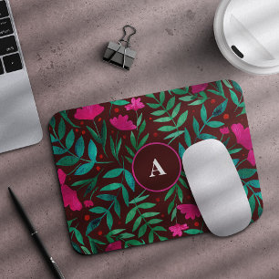 Whimsical magical garden magenta & green monogram mouse pad