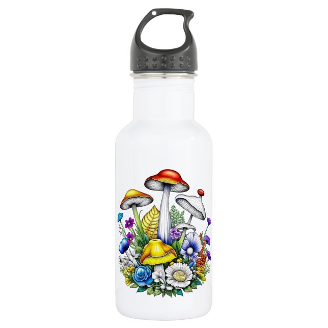 Whimsical Magical Mushrooms and Flowers 532 Ml Water Bottle (Front)