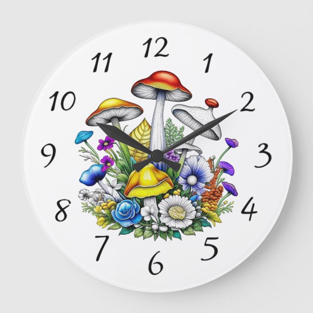 Whimsical Magical Mushrooms and Flowers Large Clock (Front)
