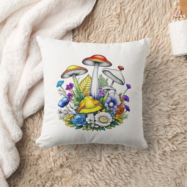 Whimsical Magical Mushrooms and Flowers Throw Pillow (Blanket)