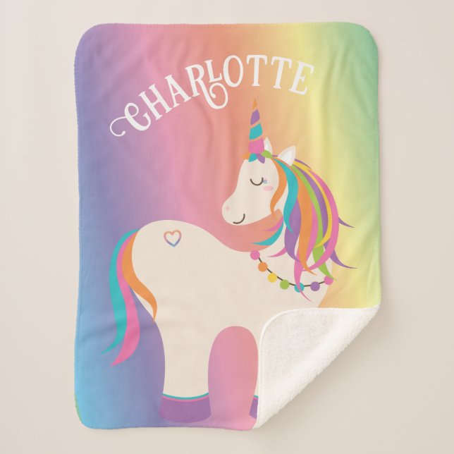 Whimsical Magical Rainbow Unicorn Personalized Sherpa Blanket (Front)