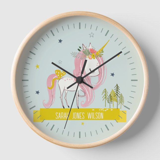 Whimsical Magical Unicorn Aqua Pink Teal Princess Clock (Front)