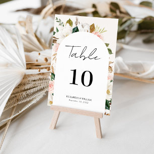 Whimsical Magnolia & Blush Floral Script Wedding Table Number