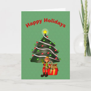 Whimsical Male Elf Tree Present Christmas Card