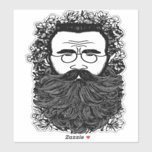 Whimsical Man Beard Moustache Flowers Art 