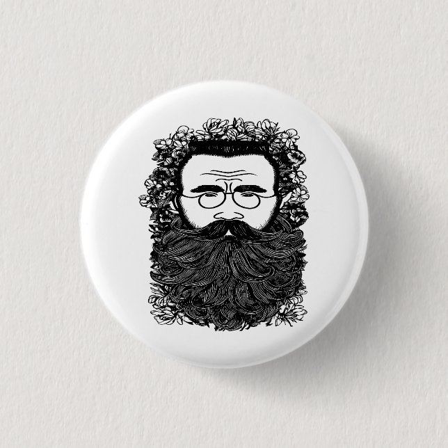 Whimsical Man Beard Moustache Flowers Art   1 Inch Round Button (Front)