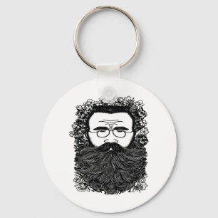 Whimsical Man Beard Moustache Flowers Art   Keychain