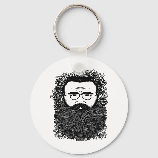 Whimsical Man Beard Moustache Flowers Art   Keychain (Front)