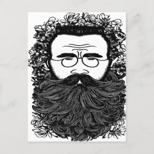 Whimsical Man Beard Moustache Flowers Art Postcard