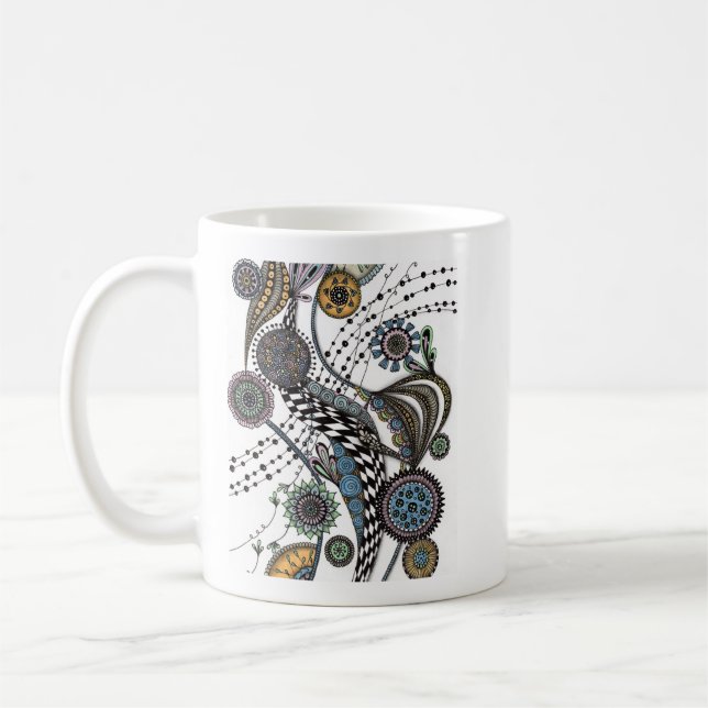 Whimsical Mandala & Chequerboard Ribbon Coffee Mug (Left)