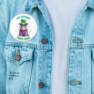 Whimsical Mardi Gras Fat Tuesday Hippo Sticker 2 Inch Round Button