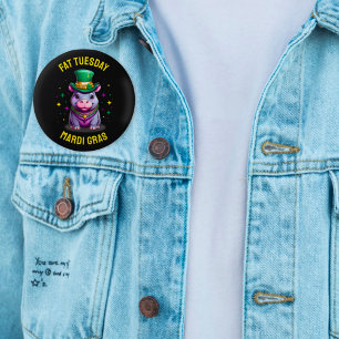 Whimsical Mardi Gras Fat Tuesday Hippo Sticker 2 Inch Round Button