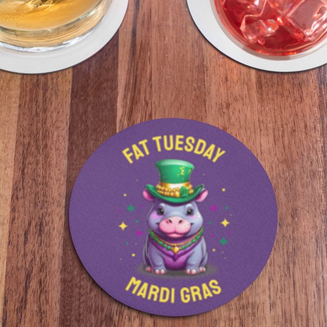 Whimsical Mardi Gras Fat Tuesday Hippo Sticker Round Paper Coaster (Creator Uploaded)
