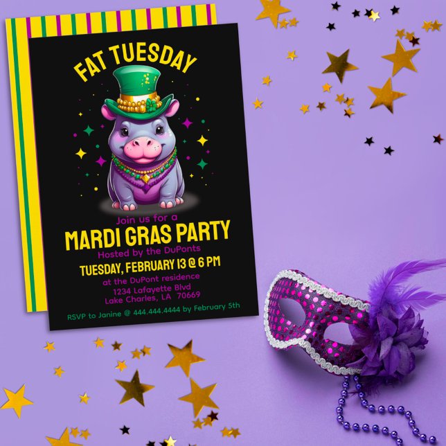 Whimsical Mardi Gras Fat Tuesday Hippo with Beads Invitation (Creator Uploaded)