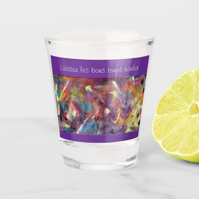 Whimsical Mardi Gras shot glass with masks.  (Front)