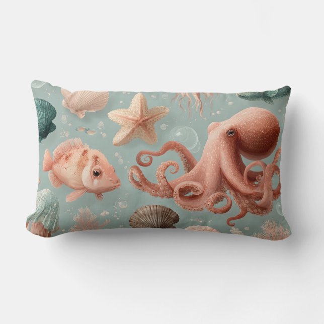 Whimsical Marine Life Pattern Lumbar Pillow (Front)